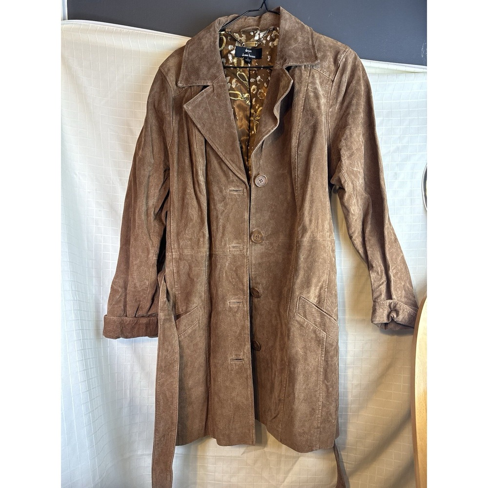 Womens Dennis Basso Washable Genuine Leather Brown Tan Jacket Longer W Belt "Pic